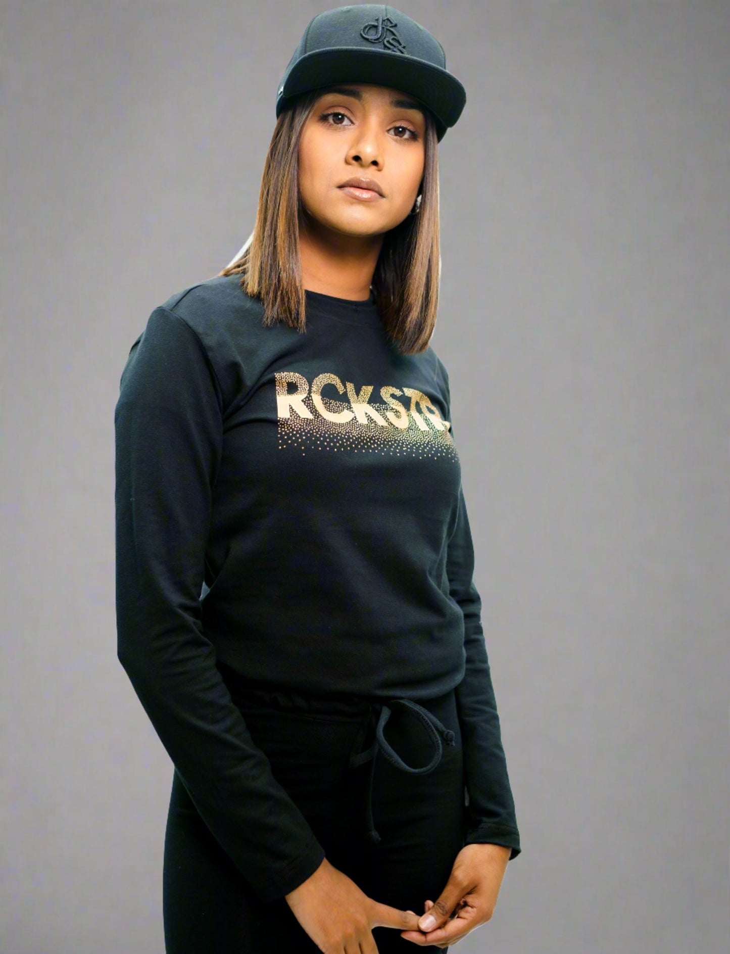 Ladies Long Sleeve Printed Lycra Sweat Top black