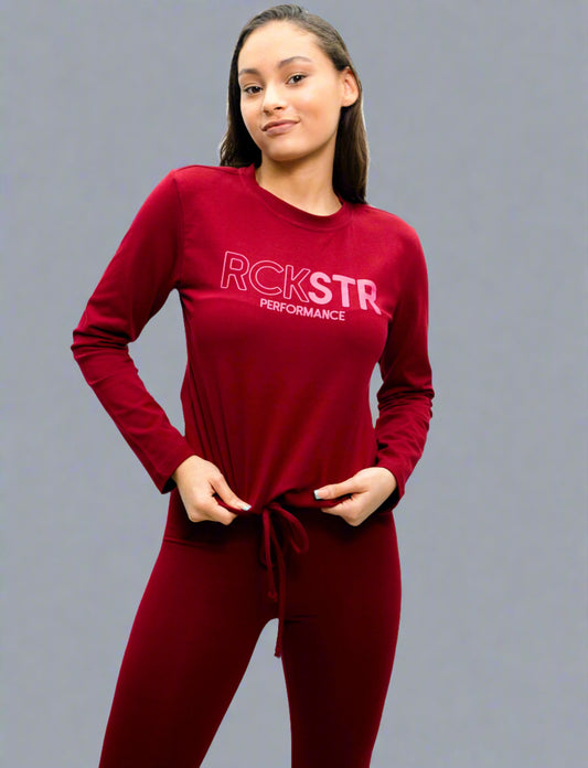 Ladies Long Sleeve Printed Lycra Sweat Top Burgundy 